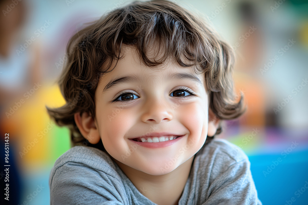A young boy smiling happily in a classroom setting A young boy smiling happily in a classroom setting