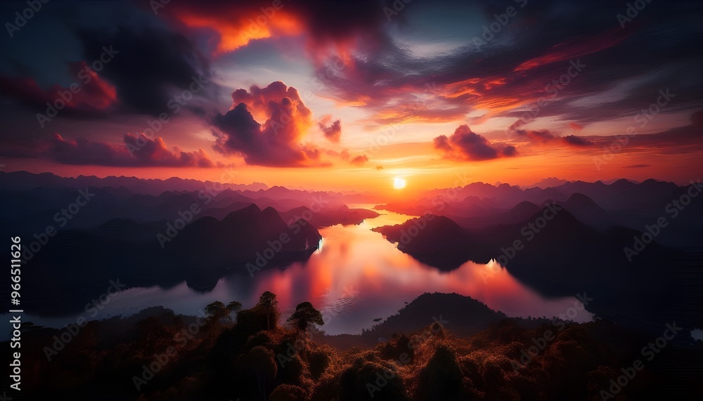Sunset over a serene mountain range with a tranquil lake reflecting the vibrant colors of the sky.