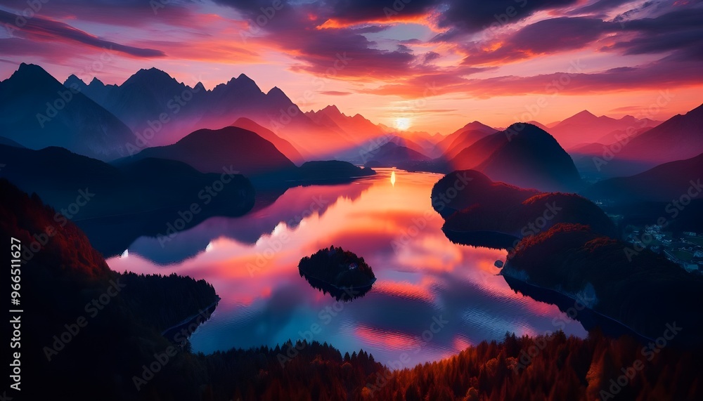 Sunset over a serene mountain range with a tranquil lake reflecting the vibrant colors of the sky.