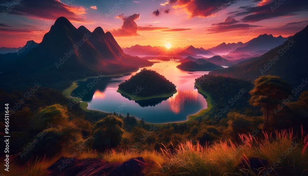 Sunset over a serene mountain range with a tranquil lake reflecting the vibrant colors of the sky.