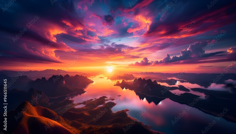Sunset over a serene mountain range with a tranquil lake reflecting the vibrant colors of the sky.