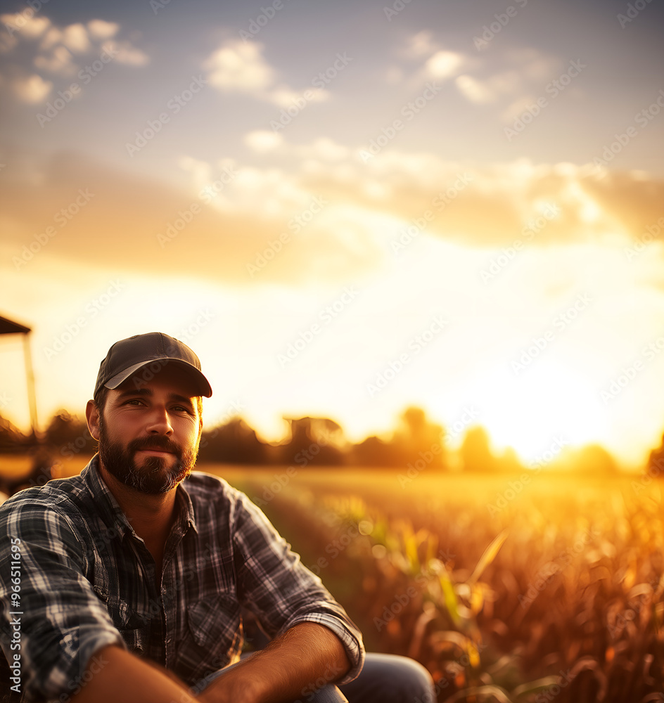 middle-age farmer sitting in corn field posing at sunset; clear sky; autumn/fall vibe; copy space middle-age farmer sitting in corn field posing at sunset; clear sky; autumn/fall vibe; copy space