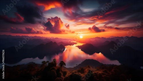 Obraz na płótnie Sunset over a serene mountain range with a tranquil lake reflecting the vibrant colors of the sky. w salonie