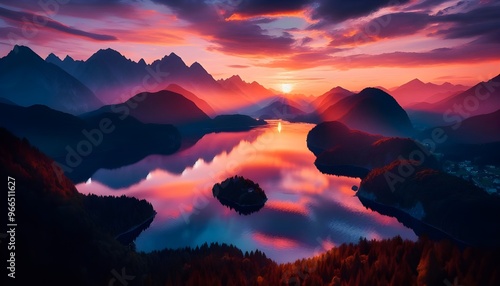 Obraz na płótnie Sunset over a serene mountain range with a tranquil lake reflecting the vibrant colors of the sky. w salonie