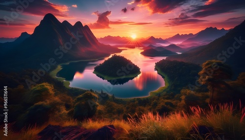 Obraz na płótnie Sunset over a serene mountain range with a tranquil lake reflecting the vibrant colors of the sky. w salonie