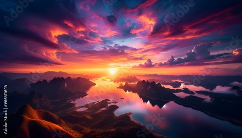 Obraz na płótnie Sunset over a serene mountain range with a tranquil lake reflecting the vibrant colors of the sky. w salonie