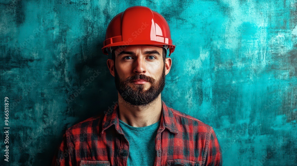 Construction worker wearing a red hard hat poses against a blue backdrop Construction worker wearing a red hard hat poses against a blue backdrop