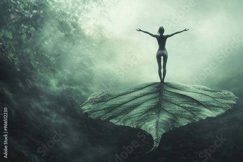 Wallpaper Mural A surreal yoga session on a giant floating leaf amidst misty surroundings at dawn, embracing tranquility and nature's harmony Torontodigital.ca