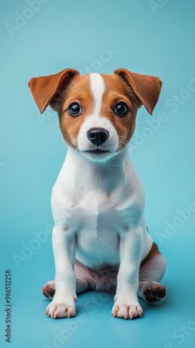 Adorable Jack Russell Puppy Sitting Against Bright Turquoise Background