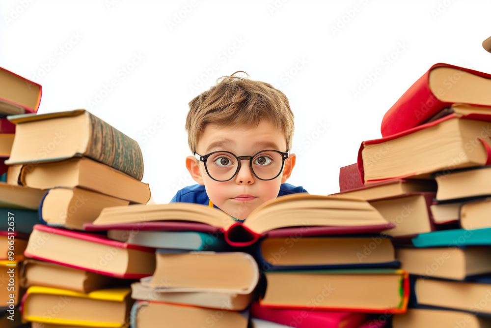 Curious schoolboy peering over a stack of colorful books while engaged in learning and exploration during a bright afternoon Curious schoolboy peering over a stack of colorful books while engaged in learning and exploration during a bright afternoon