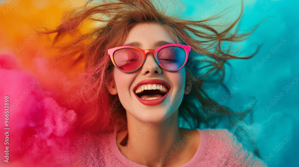 3D portrait of a joyful woman with vibrant colors swirling around her, capturing the essence of celebration. 3D portrait of a joyful woman with vibrant colors swirling around her, capturing the essence of celebration.