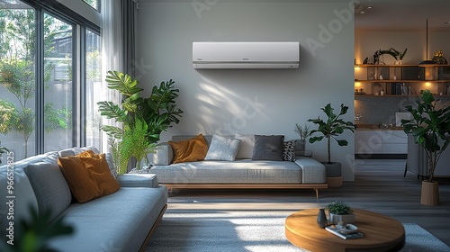 Obraz na płótnie Modern living room interior with air conditioner and plants Generative AI w salonie