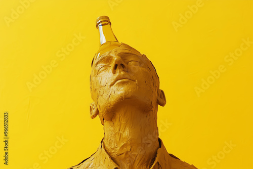 A conceptual representation of a man with a bottle on his head against a vibrant yellow backdrop