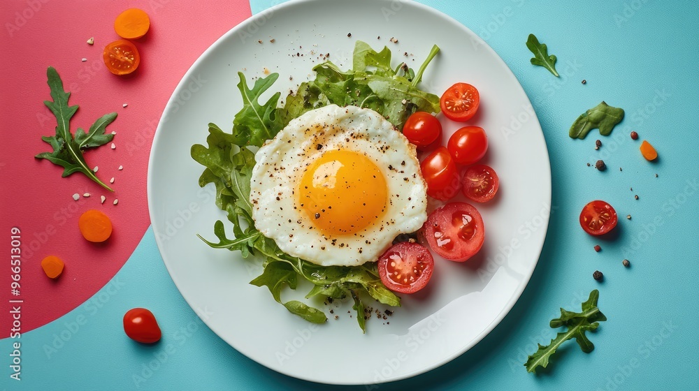 Fresh Arugula Salad with Cherry Tomatoes and Sunny-Side Up Egg on Colorful Background Fresh Arugula Salad with Cherry Tomatoes and Sunny-Side Up Egg on Colorful Background