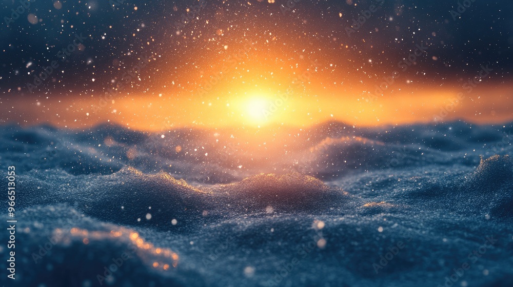 Fototapeta premium Breathtaking Sunrise Over Snow-Covered Landscape with Falling Snowflakes and Warm Glow