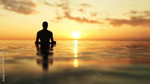 Wallpaper Mural 3D image of a man in a reflective pose, with a calm ocean and a sunset behind him, showing serenity. Torontodigital.ca