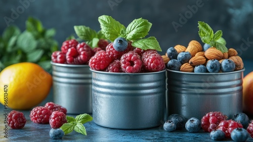 Fresh Raspberries, Blueberries and Almonds in Tin Cans with Lemons and Mint on Rustic Table photo