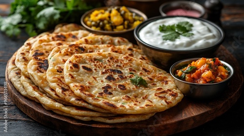 Platter of piping hot parathas with spicy potato filling served with pickles and a bowl of curd