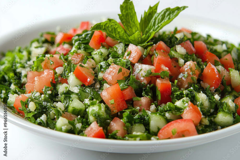 A vibrant plate of fresh tabbouleh salad with aromatic herbs, colorful tomatoes, and a hint of mint garnished, perfect for a healthy meal A vibrant plate of fresh tabbouleh salad with aromatic herbs, colorful tomatoes, and a hint of mint garnished, perfect for a healthy meal