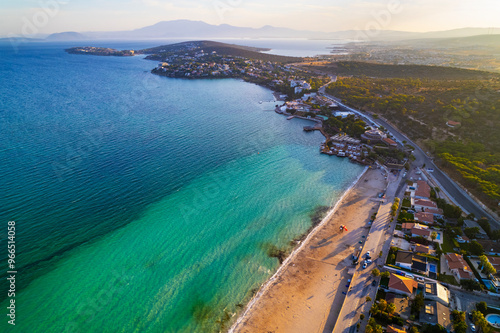 Fototapeta Naklejka Na Ścianę i Meble -  Ilica Beach in Alacati. Cesme District, Izmir, Turkey. Beautiful turquoise sea view in Cesme. Drone shot.