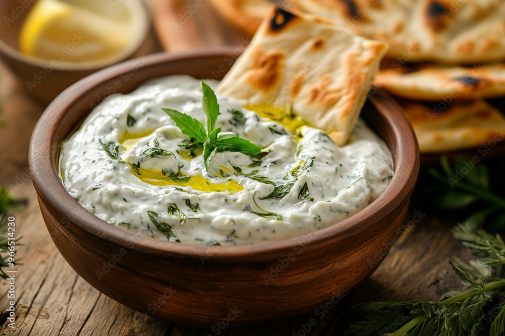 Indulge in a rich and creamy Greek dip adorned with fresh herbs and served alongside warm, grilled flatbread Indulge in a rich and creamy Greek dip adorned with fresh herbs and served alongside warm, grilled flatbread