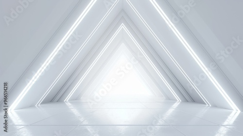 Futuristic 3D Room with White Background, Abstract Space Technology Tunnel, and Modern Neon Lighting