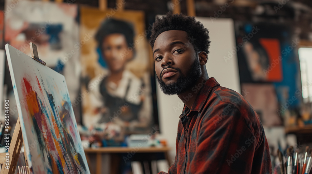 Fototapeta premium 3D rendering of a man looking inspired, with a canvas and art supplies around him in a studio setting.