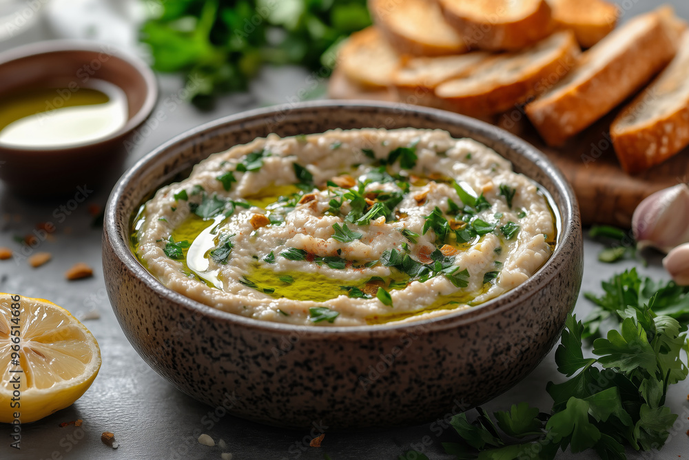 Enjoy fresh baba ganoush with warm bread, herbs, and olive oil on a rustic table - pure traditional Arabic delight Enjoy fresh baba ganoush with warm bread, herbs, and olive oil on a rustic table - pure traditional Arabic delight