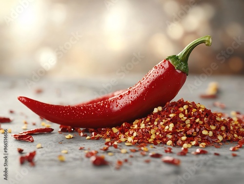 Single red chili pepper placed in the center of a white background with a small pile of chili flakes beside it photo