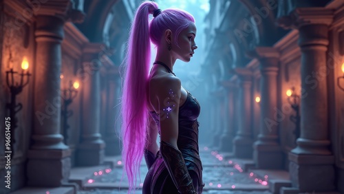 A mystical character with pink hair stands in a dimly lit ancient corridor illuminated by candlelight at twilight. Generative AI