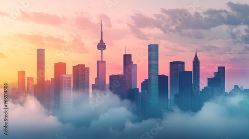 City Skyline Emerging From Mist at Sunset photo