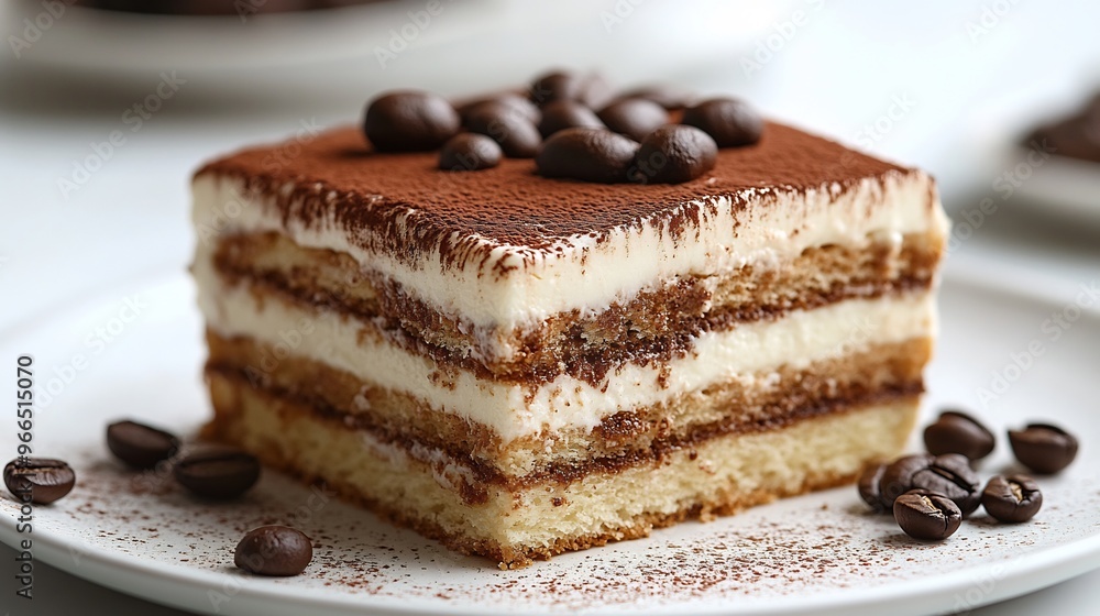 Slice of classic tiramisu with layers of cream and coffeesoaked cake on a clean white background Slice of classic tiramisu with layers of cream and coffeesoaked cake on a clean white background
