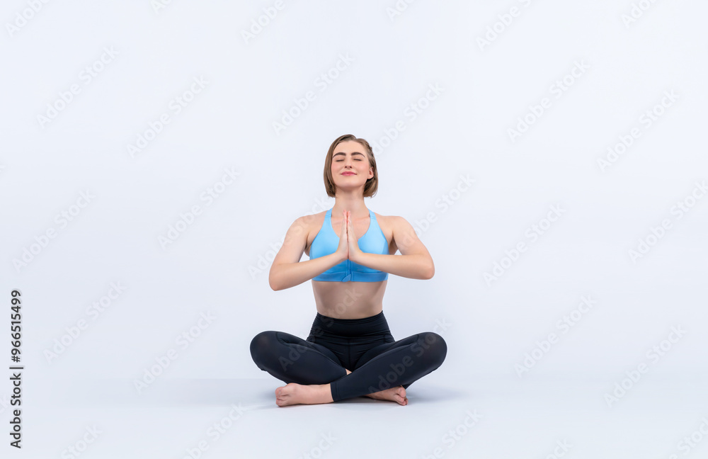 Full body length gaiety shot athletic and sporty woman doing healthy and meditative yoga exercise workout posture on isolated background. Healthy active and body care lifestyle Full body length gaiety shot athletic and sporty woman doing healthy and meditative yoga exercise workout posture on isolated background. Healthy active and body care lifestyle
