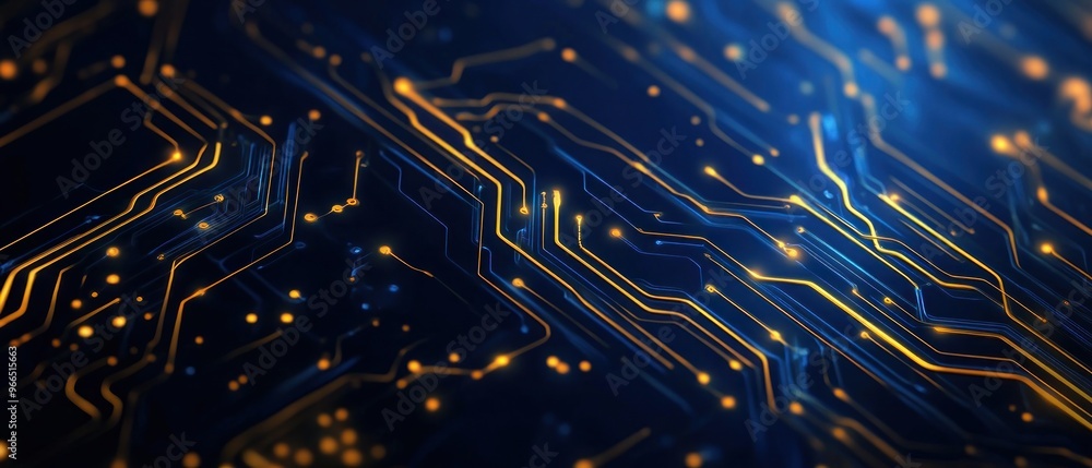 Abstract Circuit Board with Glowing Yellow and Blue Lines Abstract Circuit Board with Glowing Yellow and Blue Lines