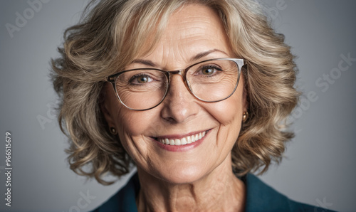 A woman with short, blonde hair and glasses smiles for a portrait in front of a gray backdrop