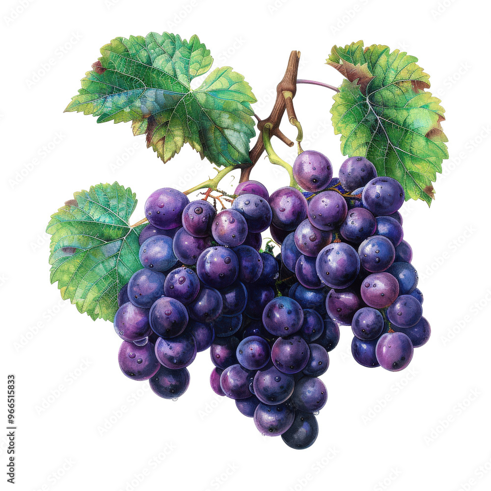 Fototapeta premium A vibrant cluster of purple grapes with green leaves, beautifully illustrated and detailed, perfect for fruit-themed designs and art.