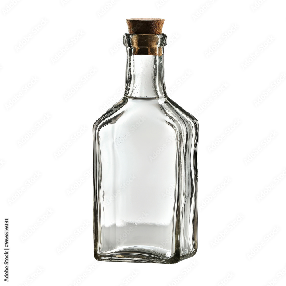 Clear glass bottle with a cork stopper on a white background, perfect for packaging, decoration, or storing liquids. Clear glass bottle with a cork stopper on a white background, perfect for packaging, decoration, or storing liquids.