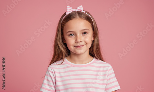 A young girl with long brown hair and a pink bow headband smiles at the camera against a pink background