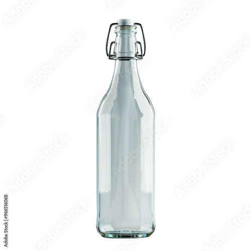 Clear glass bottle with a swing top closure, perfect for storing beverages or homemade liquids. Isolated on a white background. photo