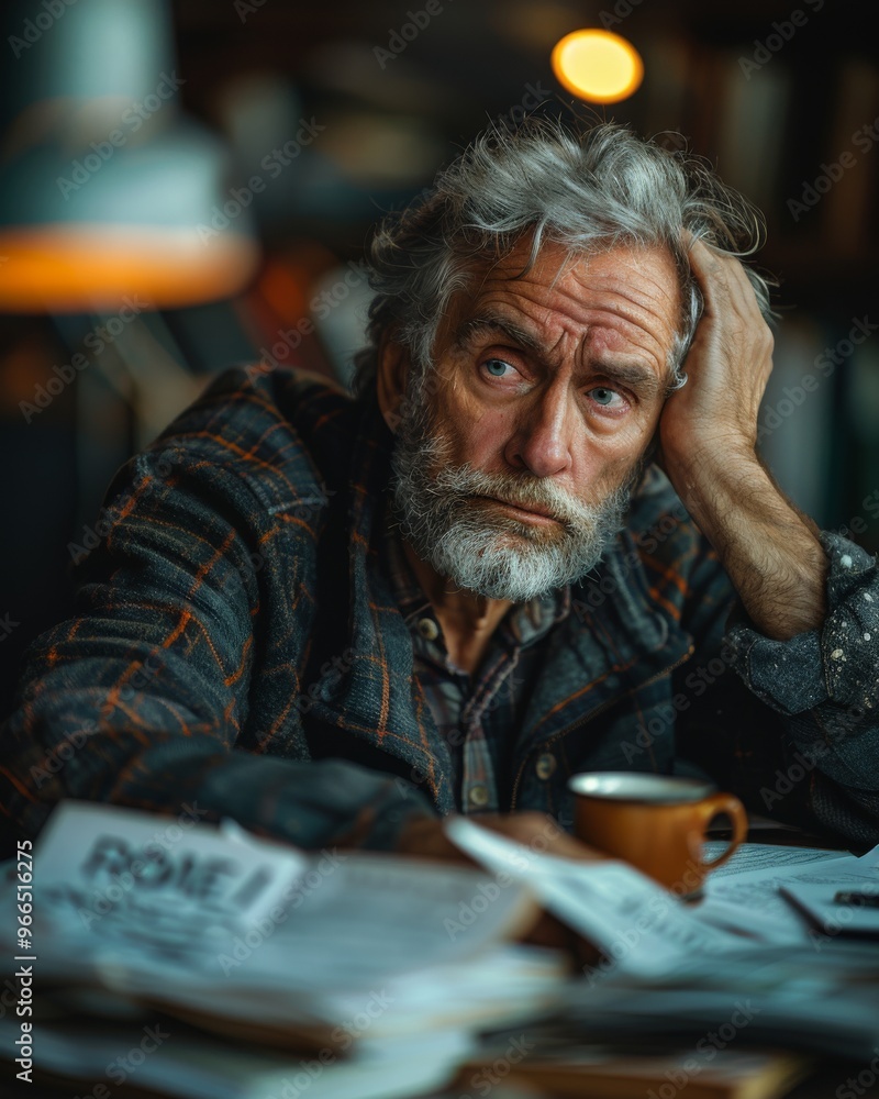 a middle-aged man sitting at a desk, holding his head in his hands, surrounded by papers and books a middle-aged man sitting at a desk, holding his head in his hands, surrounded by papers and books
