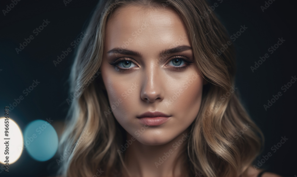 Fototapeta premium A woman with long blonde hair stares intensely at the camera, with a backdrop of out-of-focus lights