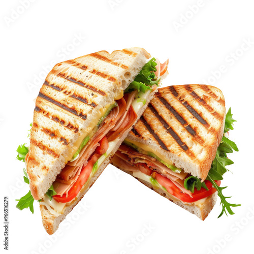 Close-up of a delicious grilled sandwich filled with fresh vegetables, ham, and cheese, perfect for a healthy meal or snack. photo