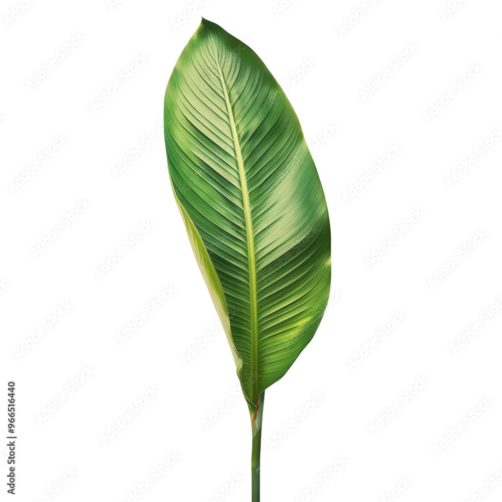 Obraz premium Close-up of a single, vibrant green tropical leaf with detailed texture on a white background, perfect for nature and botanical themes.