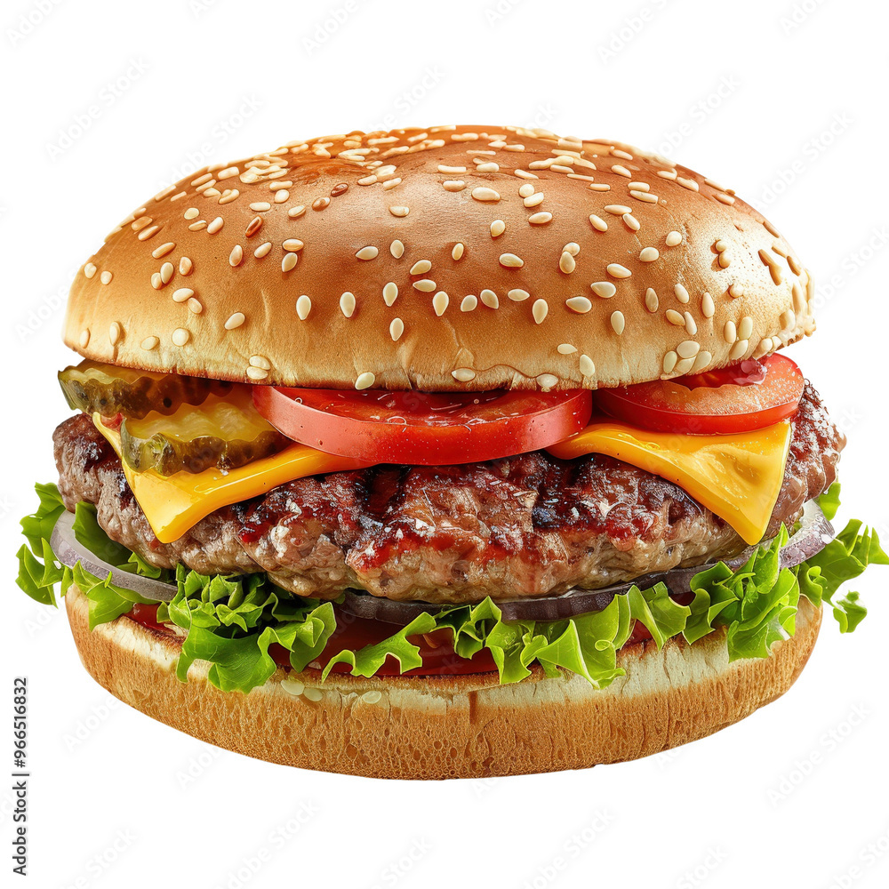 Delicious cheeseburger with a juicy beef patty, fresh lettuce, tomato, onion, and melted cheese in a sesame seed bun. Delicious cheeseburger with a juicy beef patty, fresh lettuce, tomato, onion, and melted cheese in a sesame seed bun.