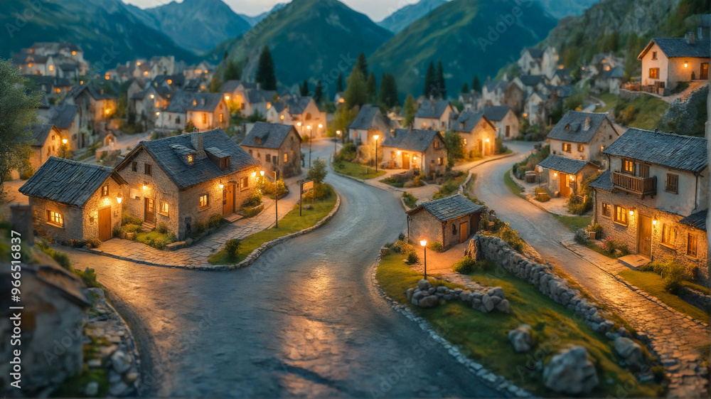 Fototapeta premium Night time village surrounded by trees and greenery