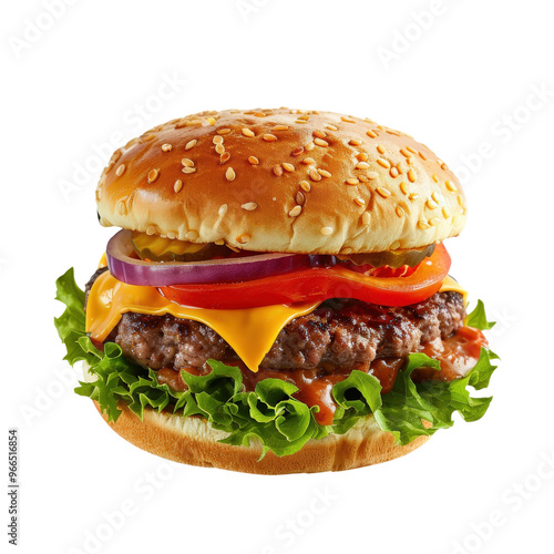 Delicious cheeseburger with fresh lettuce and cheese layered between a sesame seed bun, perfect for food advertisements and restaurant menus.