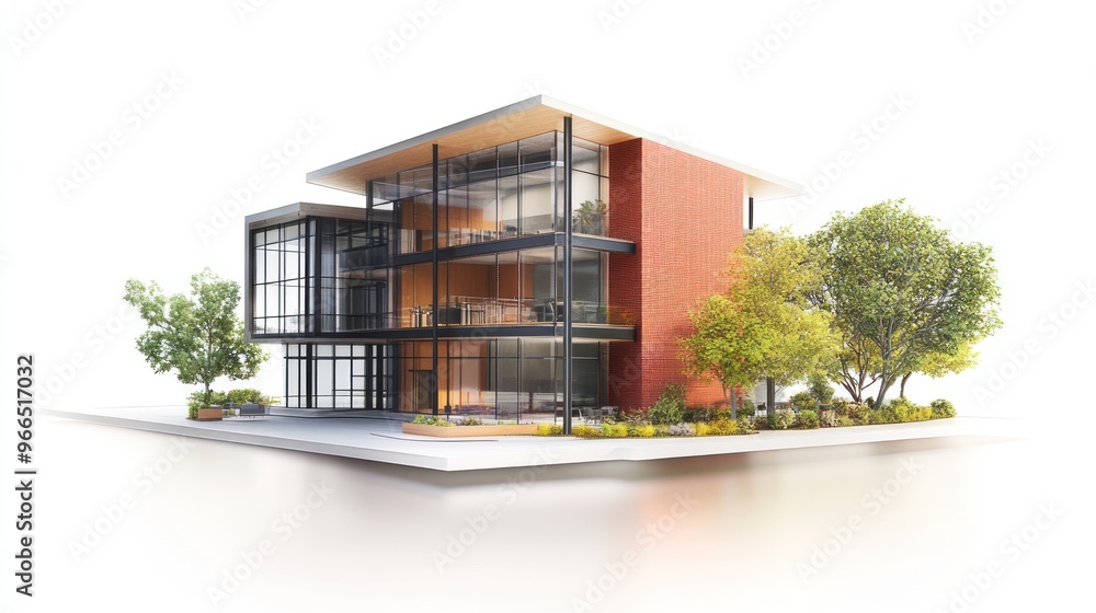 Modern Glass and Brick Building with Trees and a Patio Modern Glass and Brick Building with Trees and a Patio
