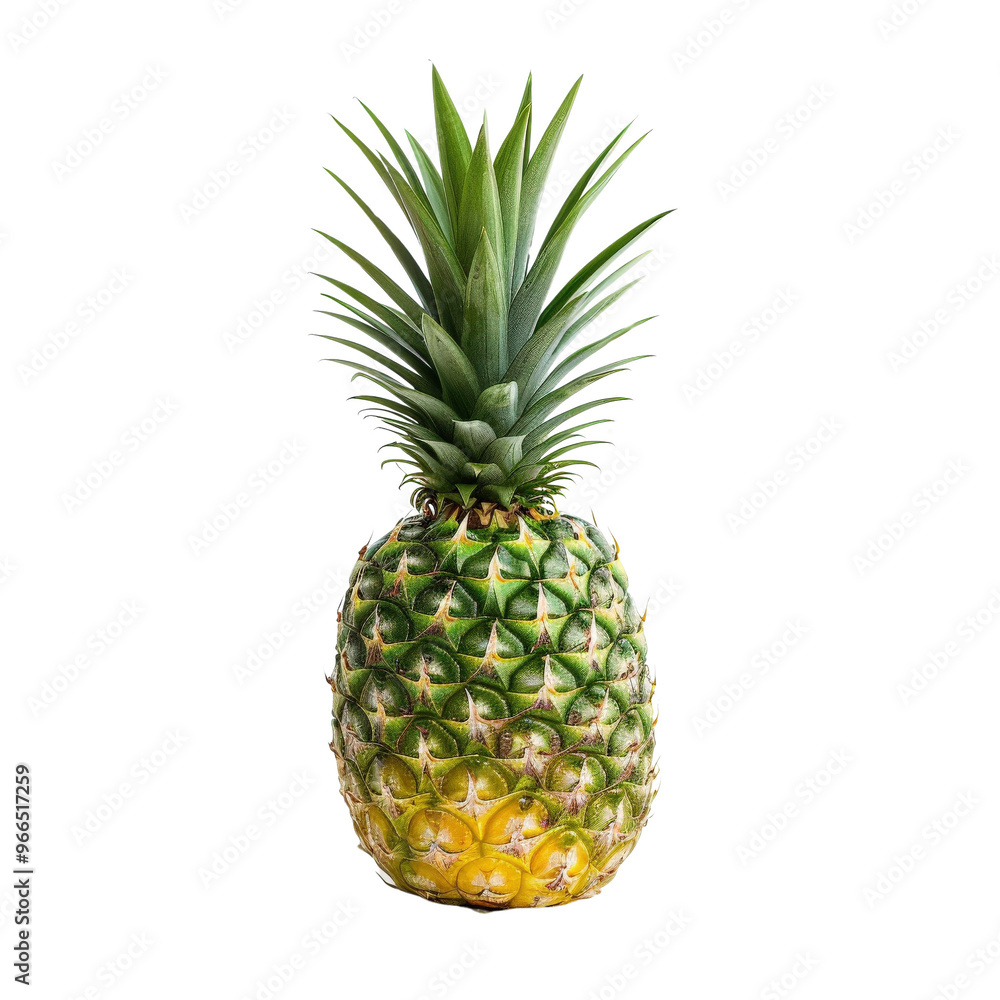 Fototapeta premium Fresh whole pineapple with vibrant green leaves and golden yellow skin. Perfect for tropical themes, healthy eating, and refreshing recipes.