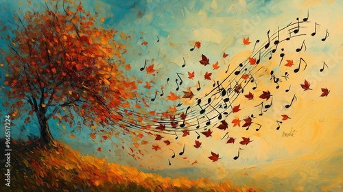 Autumn Melody: Tree With Falling Leaves And Musical Notes