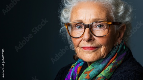 A woman with glasses and a colorful scarf is smiling. She looks happy and content. The scarf is a bright and colorful pattern that adds a pop of color to her outfit